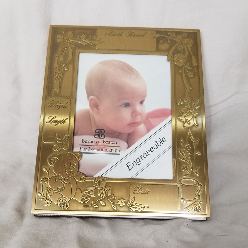 Burnes of Boston Birth Record Frame 3x4 Gold Excellent Engraveable Teddy Bear
